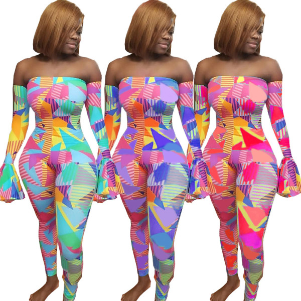 Colorful Print Off Shoulder Flare Sleeves Bodycon Jumpsuits HY5094