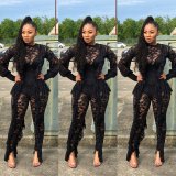 Fashion See Through Lace Ruffle Tight Jumpsuit ED8042