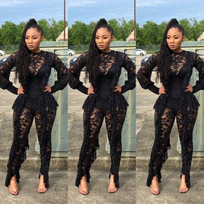 Fashion See Through Lace Ruffle Tight Jumpsuit ED8042