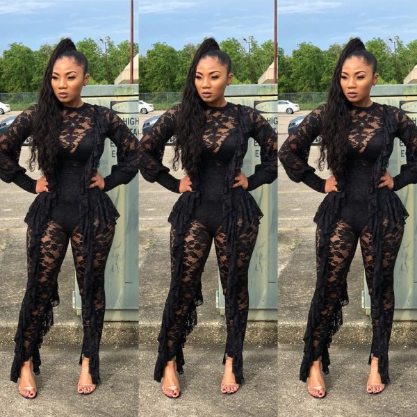 Fashion See Through Lace Ruffle Tight Jumpsuit ED8042