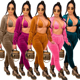 Sexy Solid Color Bra Zipper Long Sleeves Hooded Jacket With Trousers Two Piece Sets QZ3309