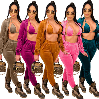 Sexy Solid Color Bra Zipper Long Sleeves Hooded Jacket With Trousers Two Piece Sets QZ3309