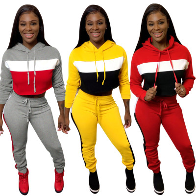 Slim Bodycon Hooded Clothes Colors Patchwork Tracksuits W8227