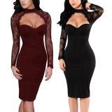 Sexy Bodycon Female Lace Patchwork Low-Cut Midi Dress OBY9070