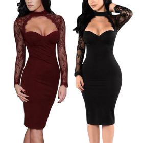 Sexy Bodycon Female Lace Patchwork Low-Cut Midi Dress OBY9070