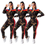 Camouflage Sets Long Sleeves Zipper Top Bodycon Pants SDD9176