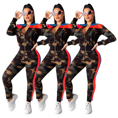 Camouflage Sets Long Sleeves Zipper Top Bodycon Pants SDD9176