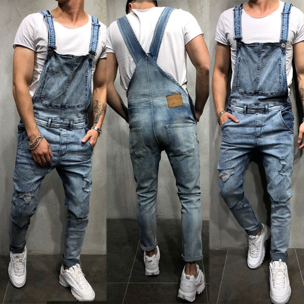 Men's sling denim rompers torn jeans trousers popular overalls RF958