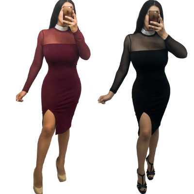 High Collar Split Clubwear Mesh Patchwork Midi Dress L0281