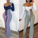 Sexy slim-fit one-shoulder strappy top, two-piece lattice bib pants F188