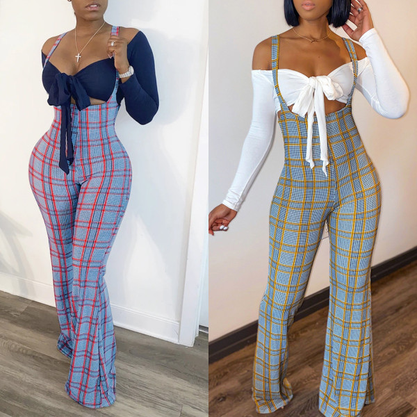 Sexy slim-fit one-shoulder strappy top, two-piece lattice bib pants F188