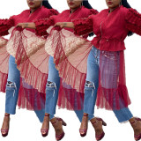 Mesh Patchwork Pleated Lantern Sleeves Solid Jacket OMY5175