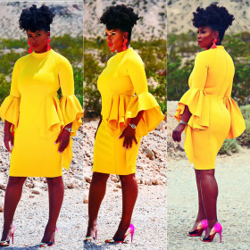 Women Elegant Pure Color Flare Sleeves Midi Dress M860