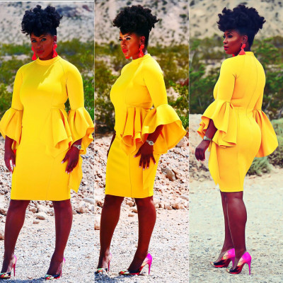 Women Elegant Pure Color Flare Sleeves Midi Dress M860