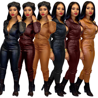 Trendy Pu Leather Bodycon Solid Sets Zipper Coat Pencil Pants SY8398
