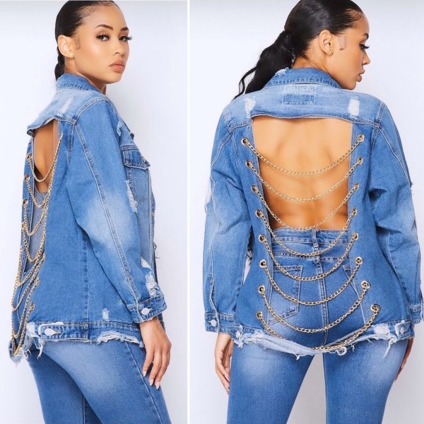 Frayed mid-length denim jacket womens back chain denim trench coat CJ928