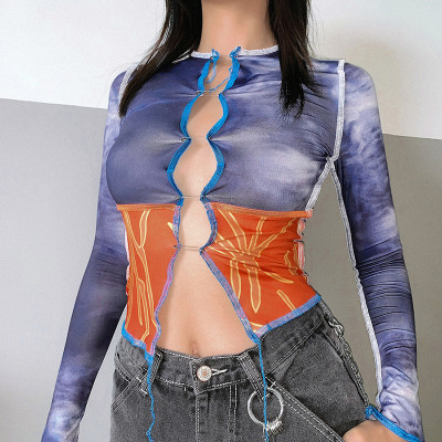 Fashion Contrast Stitching Round Neck Long Sleeves T-Shirt T1738021