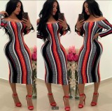 Slim Women Long Sleeves Striped Print Ankle Skinny Dress WMZ2361