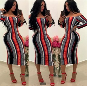 Slim Women Long Sleeves Striped Print Ankle Skinny Dress WMZ2361