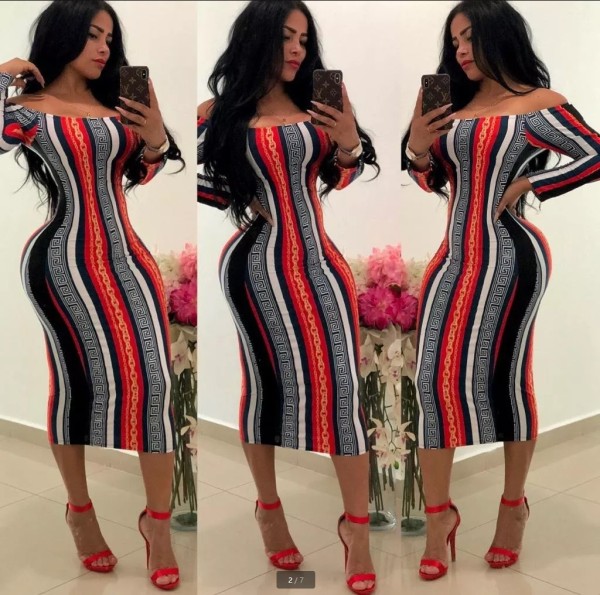 Slim Women Long Sleeves Striped Print Ankle Skinny Dress WMZ2361