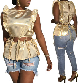 Unique Ladies Shiny Ruffle Hollow Out Bandage Top HM5243