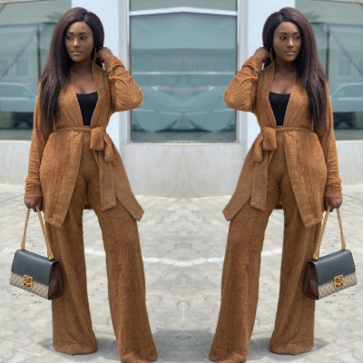Thicken Suits Bandage Cardigan Coat Wide Leg Pants HM5263