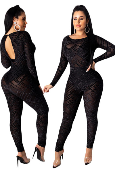 Mesh Transparent Sexy Black Slim Bodycon Long Jumpsuit SN3708