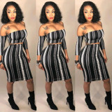New Arrival Suits Dew Shoulder Crop Top Stripe Midi Skirt GL6069