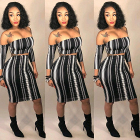 New Arrival Suits Dew Shoulder Crop Top Stripe Midi Skirt GL6069