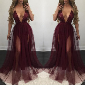 Backless Party Sequin Patchwork Deep V Collar Maxi Dress NS0169