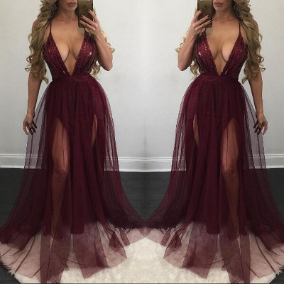 Backless Party Sequin Patchwork Deep V Collar Maxi Dress NS0169
