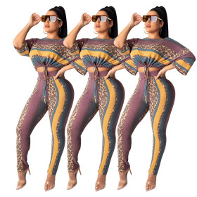Stripe Patchwork Leopard Print Fashion Slim Fall Outfits Q340