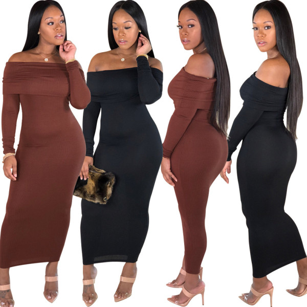Hot Knit Bodycon Dew Shoulder Overlay Long Dresses SY8298