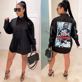 Fashion Pattern Printed Long Sleeves Loose Mini Shirt Dress RM8802