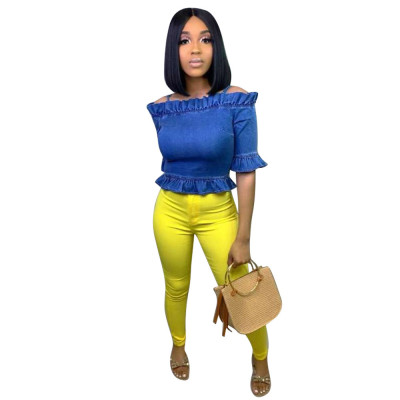 Newest Bodycon Ruffle Short Denim Top For Women D8270
