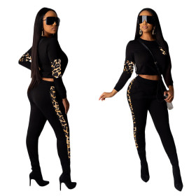 Leopard Printing Splicing Running Elastic Waist Ladies Suits SN2052