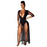 Deep V-Collar Mesh Half Sleeve Leg Dress ZSG0212