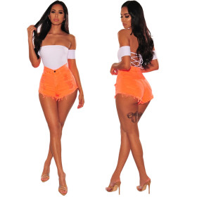 Trendy Ripped Jeans Orange Shorts For Ladies JLX5023