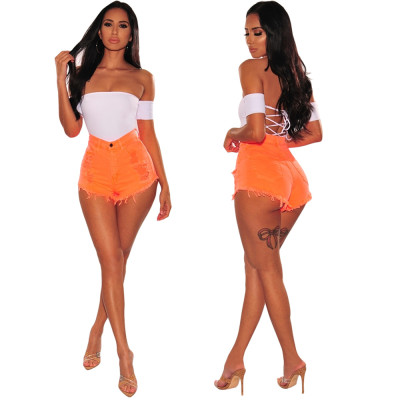 Trendy Ripped Jeans Orange Shorts For Ladies JLX5023