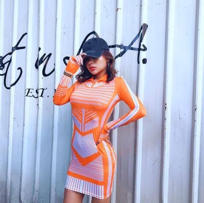 Chest geometric pattern zipper stand collar long sleeve dress female D991241W