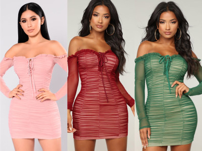 Temperament tube top strapless long-sleeved slim bag hip short dress MS530