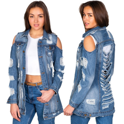 Ladies Casual Slit Jean Cold-Shoulder Slim Ripped Coat SMR9507