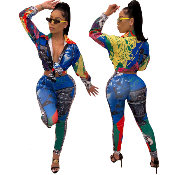 Casual Long Sleeves Colorful Shirt + Printing Bodycon Pants YZ1949