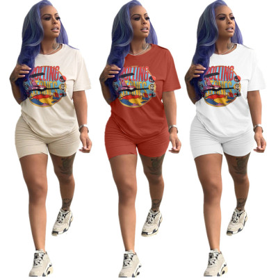 Women Casual Suits Cartoon Printing T-Shirt Solid Shorts DN8199