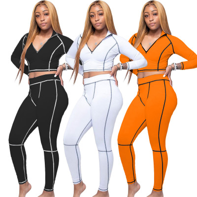 Autumn Zipper V-Neck Long Sleeves Cropped Top With Trousers Two Piece Set NY8010