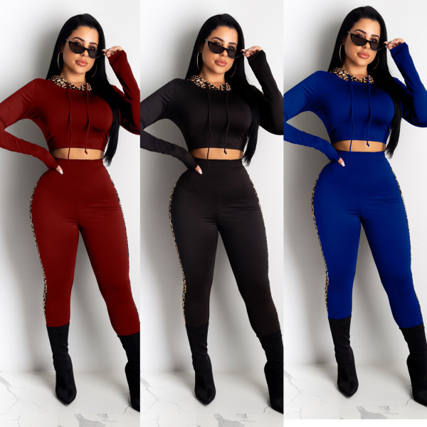 Stylish Leisurewear Leopard Printing Patchwork Hooded Sets CY1206