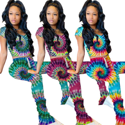 Tie-dye short sleeve pleated trousers sports two-piece suit DN8389