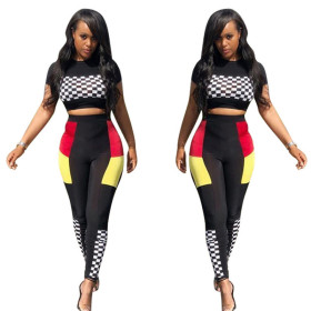 Newest Plaid Track Suits Crop Top Color Patchwork Slinky Pants TRS863