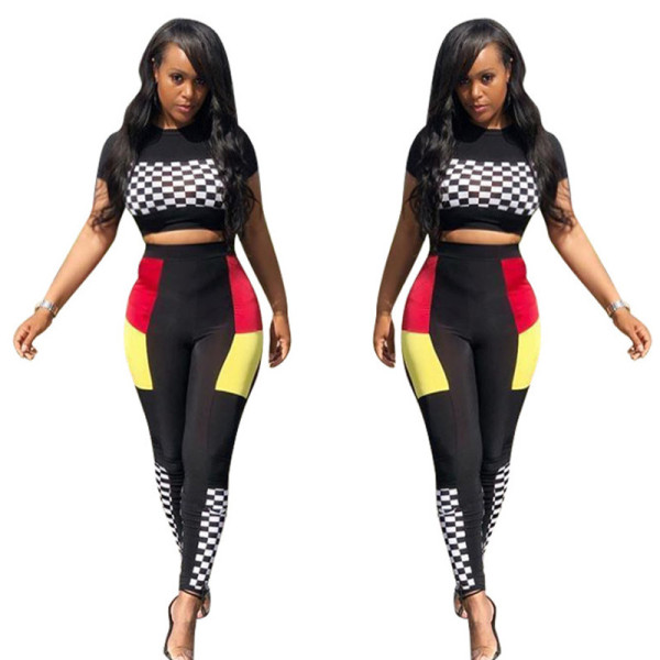 Newest Plaid Track Suits Crop Top Color Patchwork Slinky Pants TRS863