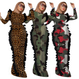 Wholesale Lady Leisure Printing Long Sleeves Ruffle Dress QQM3872